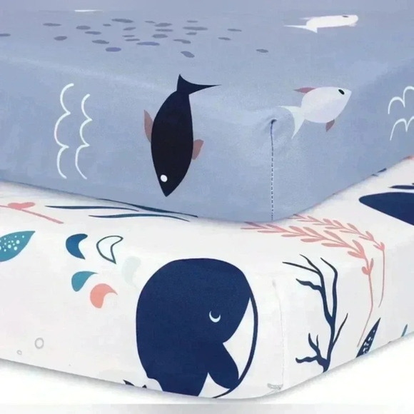 Kids Crib Twin Sheet Set Blue Whale Fish Ocean Theme - Picture 1 of 6